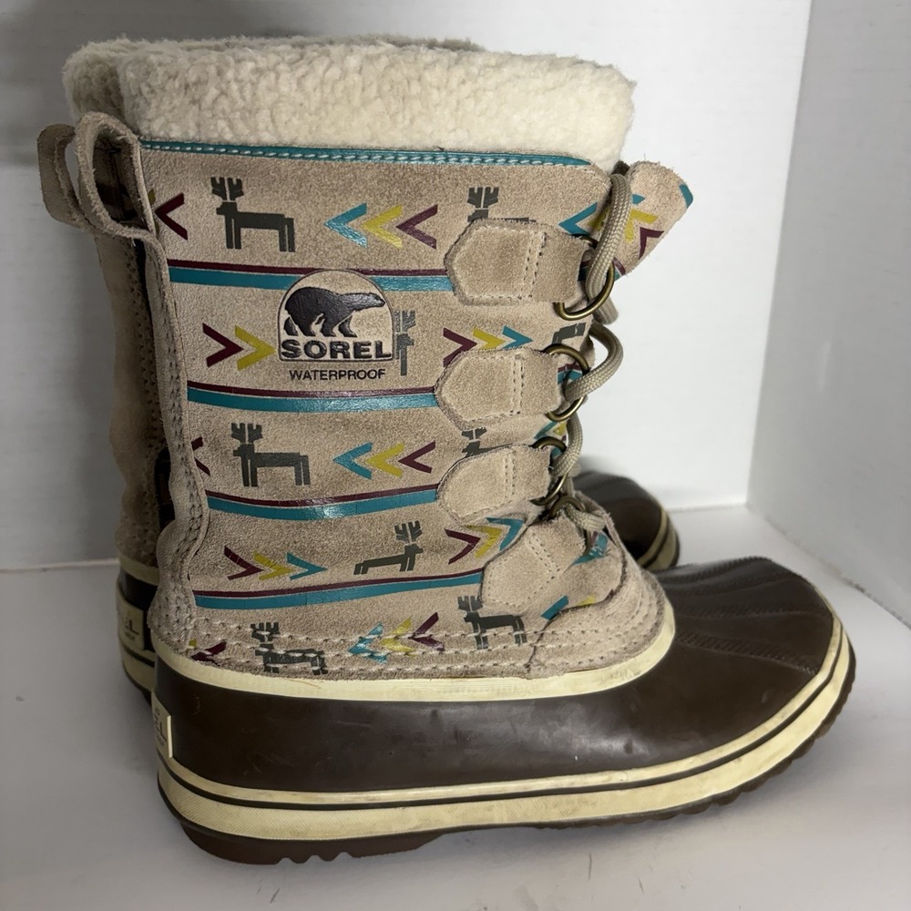 SOREL Caribou Winter Snow Boots Womens 7 Brown Aztec Waterproof Rare Pattern